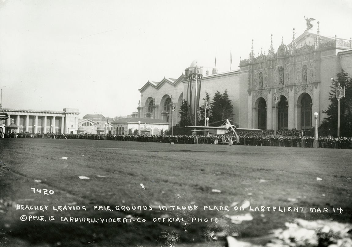 Lincoln Beachey waving to the crowd from his Beachey-Eaton monoplane at the Panama-Pacific International Exposition, San Francisco  March 14, 1915