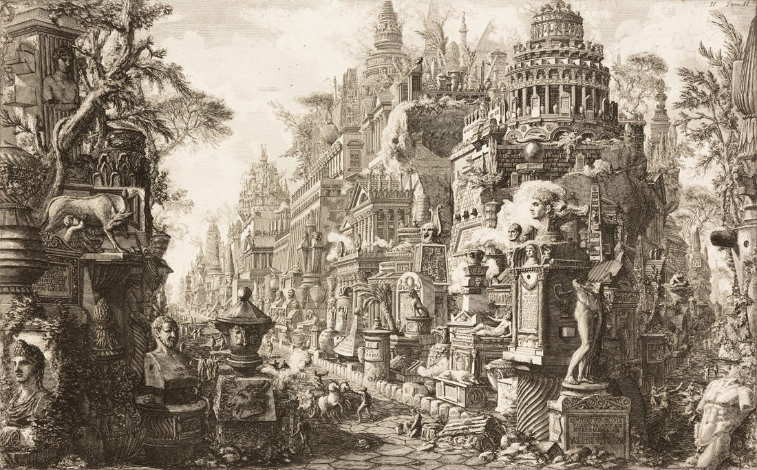 Ancient intersection of the Via Appia and Via Ardentina viewed at the second milestone outside the Porta Capena  1756 Le Antichità Romane II (The Antiquities of Rome, Vol. 2), Plate II Giovanni Battista Piranesi (Mogliano Veneto 1720 – 1778 Rome) etching on laid paper 15.75 x 25 in L2016.2101.010