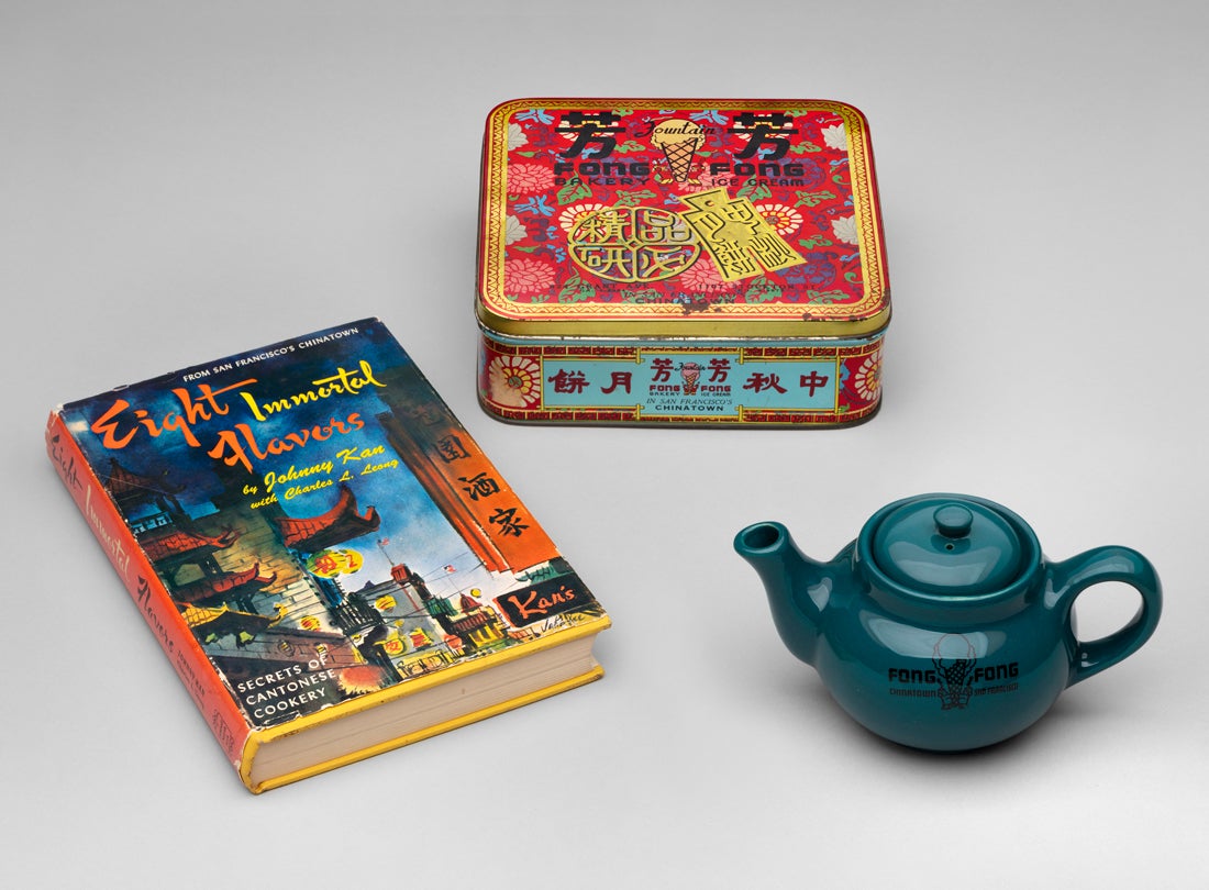 Fong Fong Bakery–Ice Cream tin and teapot  c. 1940s–50s and Eight Immortal Flavors  1963