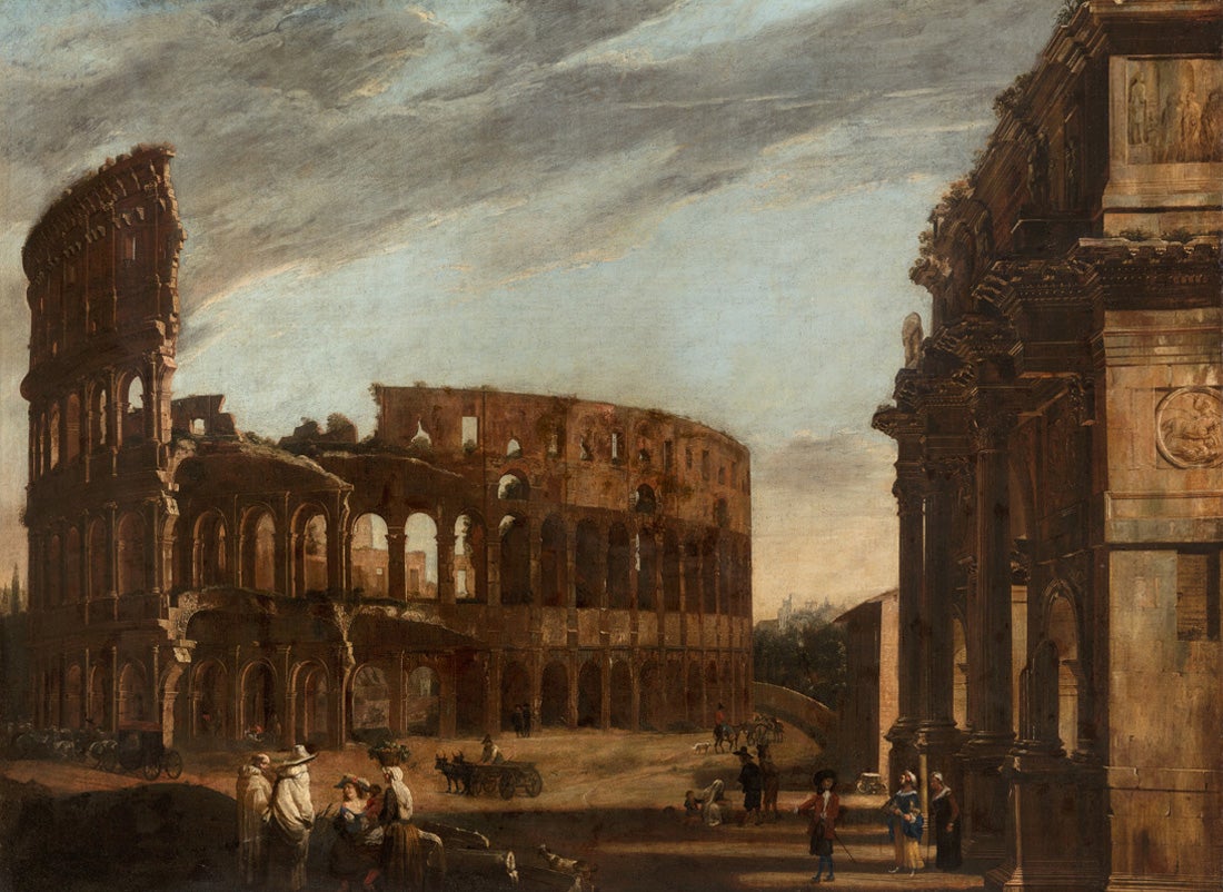 Colosseum and Arch of Constantine  c. 1650 Viviano Codazzi (Bergamo 1606 – 1670 Rome) figures by Michelangelo Cerquozzi (Rome, 1602 – 1660) oil on canvas 56 x 77 in L2016.2101.025