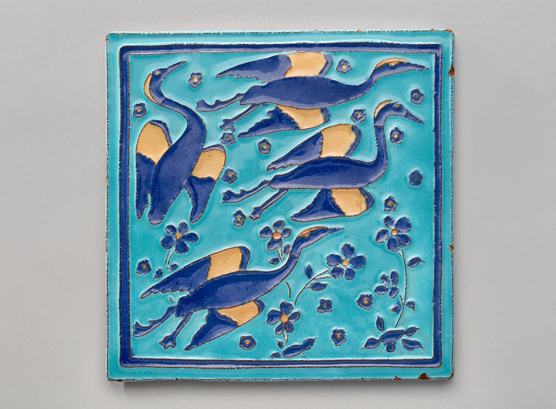 Persian crane-motif cuenca tile  c. 1915–59