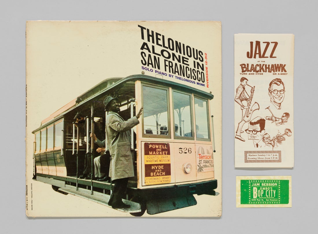  “Thelonious Alone in San Francisco”  1959, Jazz at the Blackhawk brochure  c. 1950s, Jimbo’s Bop City card  c. 1950s