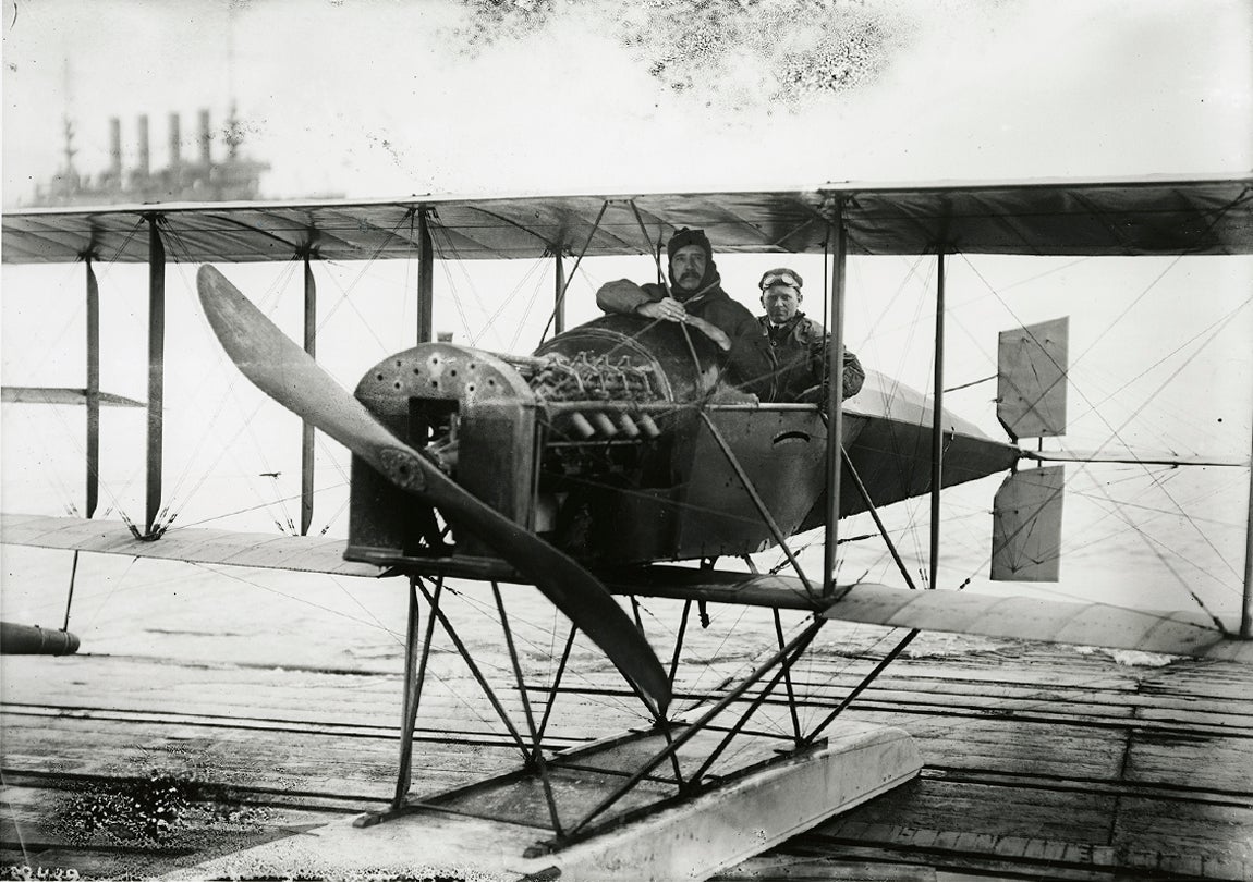 Alco Hydro-Aeroplane Model G with Allan Loughead (at right) and passenger, San Francisco Bay  1915