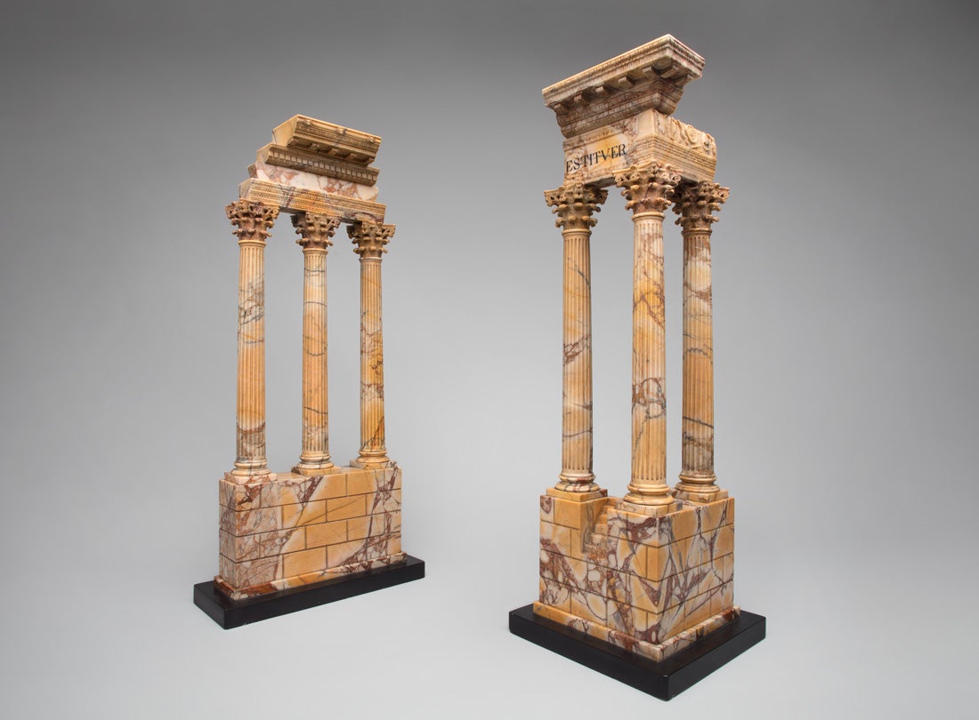 Temple of Castor and Pollux  c. 1860 maker unknown brecciated giallo antico, nero antico 30 x 14 x 5.5 in L2016.2101.053  Temple of Vespasian and Titus  c. 1860 maker unknown brecciated giallo antico, nero antico 29.5 x 10 x 10 in L2016.2101.048