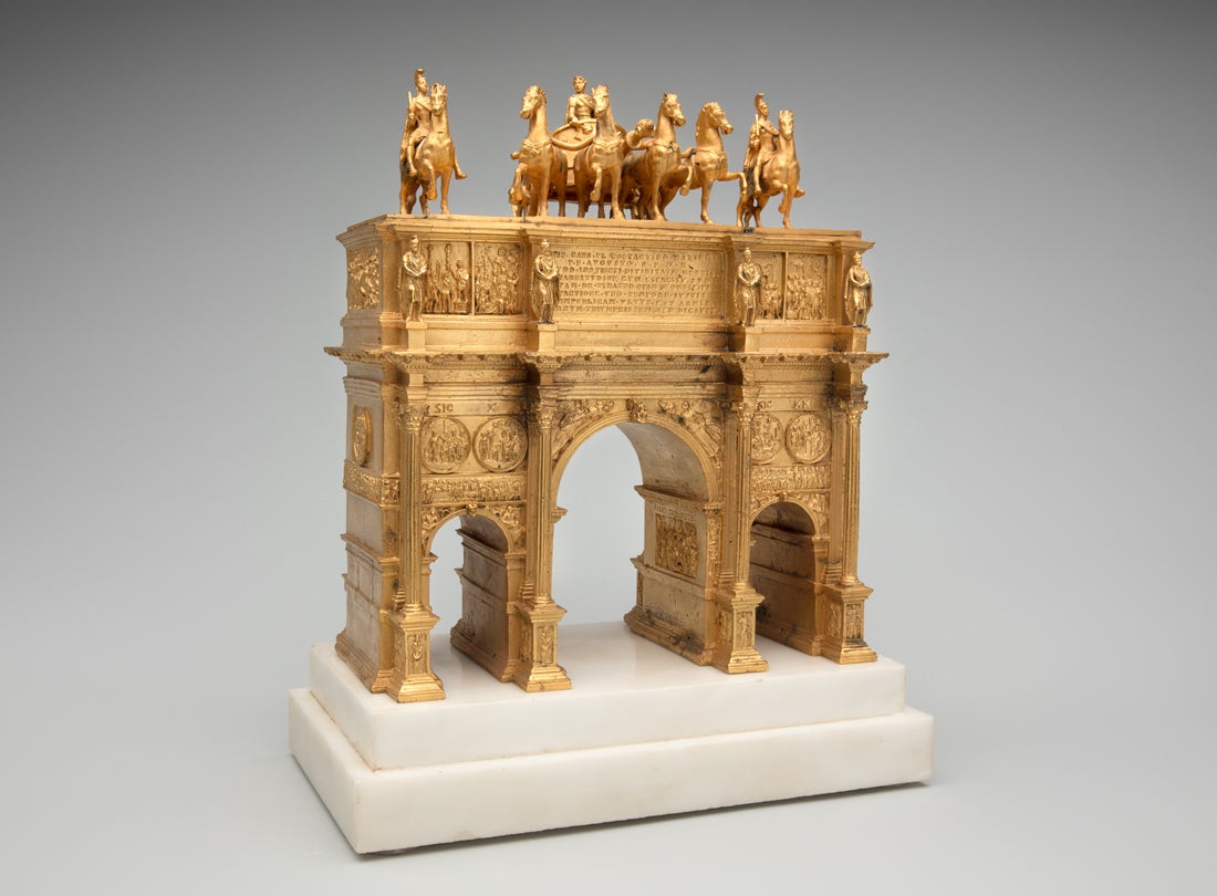 Arch of Constantine  c. 1820 Wilhelm Hopfgarten (Berlin 1779 – 1860 Rome) and Benjamin Ludwig Jollage (Berlin 1781 – 1837 Rome) gilded bronze, Carrara marble base 13.5 x 10.75 x 6.25 in L2016.2101.003