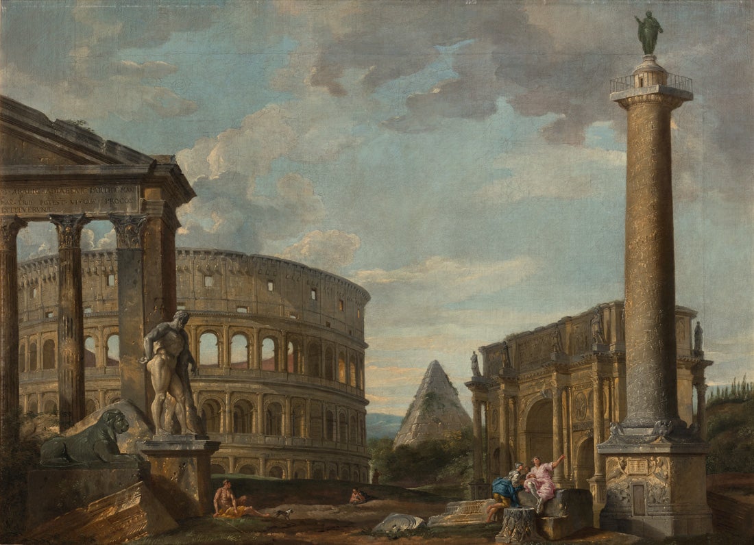 Capriccio View of Ancient Roman Monuments  c. 1755 Giovanni Paolo Panini (Piacenza 1691 – 1765 Rome) oil on canvas 31 x 43 in L2016.2101.085