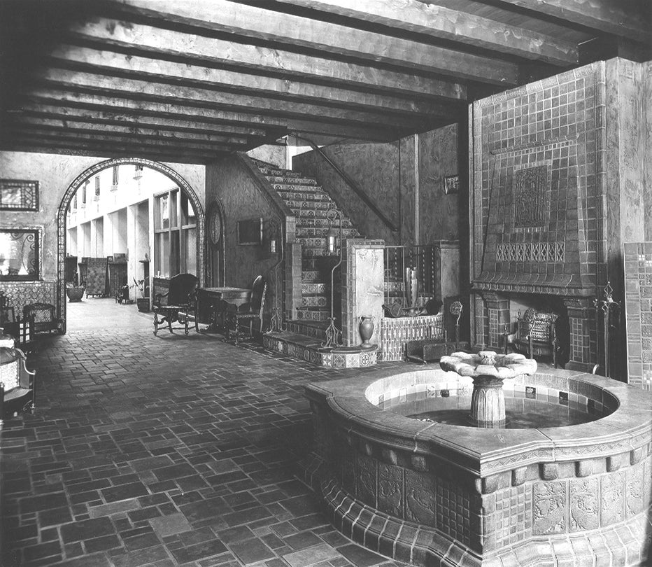 Batchelder mantel, fountain, and floor tiles in  Robert Howden & Sons tile showroom  c. 1925