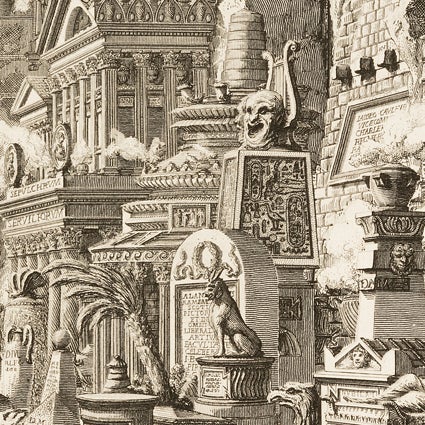 detail Ancient intersection of the Via Appia and Via Ardentina viewed at the second milestone outside the Porta Capena  1756 Le Antichità Romane II (The Antiquities of Rome, Vol. 2), Plate II Giovanni Battista Piranesi (Mogliano 1720 – 1778 Rome)  etching on laid paper 15.75 x 25 in L2016.2101.010