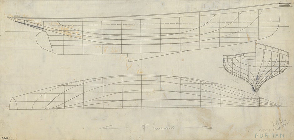 Hull line drawing from ships plans for yacht Puritan  1885 