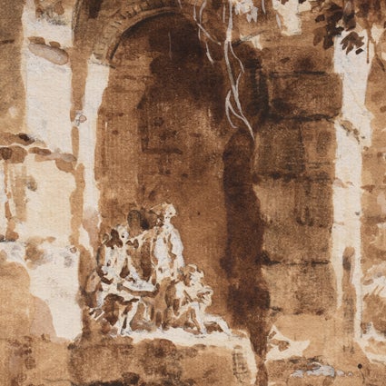 Claude-Joseph Vernet, Giovanni Battista Piranesi, and Charles-Louis Clérisseau at the Great Baths, Hadrian’s Villa  c. 1752  Claude-Joseph Vernet (Avignon 1714 – 1789 Paris)  brown ink, wash and body color on laid paper 9.5 x 13.5 in L2016.2101.037