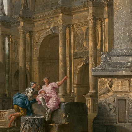 detail Capriccio View of Ancient Roman Monuments  c. 1755 Giovanni Paolo Panini (Piacenza 1691 – 1765 Rome) oil on canvas 31 x 43 in L2016.2101.085