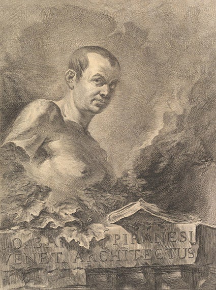 Portrait of G.B. Piranesi in imitation of an antique bust  1750; Francesco Polanzani (Noale 1700 – 1783 Venice); Opere Varie di Architettura, prospettive, grotteschi; antichità; invetate, ed incise da Giambattista Piranesi Architetto Veneziano]