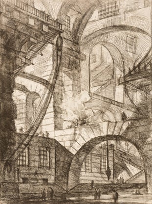 Plate VI: The Smoking Fire  1749-50; Carceri d’Invenzione (Imaginary Prisons); 1st Edition; 14 Plates; Giovanni Battista Piranesi (Mogliano Veneto 1720 – 1778 Rome); etching on laid paper; 21.25 x 15.75 in; L2016.2101.081]