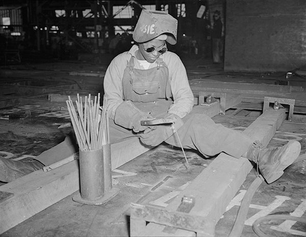 Welder-trainee Josie Lucille Owens helping to construct the Liberty Ship  SS George Washington Carver  1943