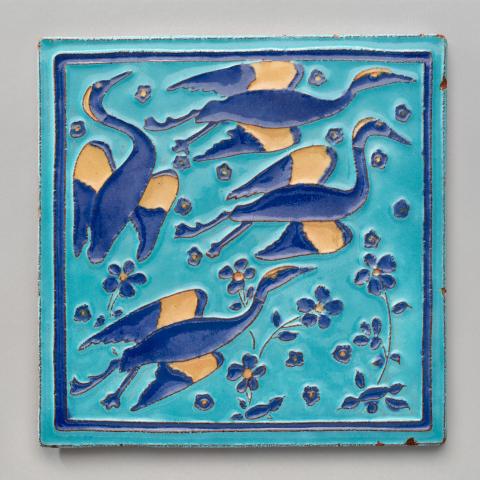 Persian crane-motif cuenca tile  c. 1915–59