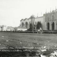 Lincoln Beachey waving to the crowd from his Beachey-Eaton monoplane at the Panama-Pacific International Exposition, San Francisco  March 14, 1915