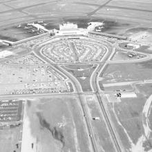 Aerial view of San Francisco International Airport (SFO) facing east toward International Terminal building (now Terminal 2) and runways  February 26, 1959