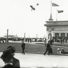 Arthur “Art” Smith performing a dive in his Smith-Curtiss Pusher at the Panama-Pacific International Exposition, San Francisco  1915 