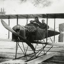 Alco Hydro-Aeroplane Model G with Allan Loughead (at right) and passenger, San Francisco Bay  1915