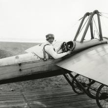 Silvio Pettirossi in his Deperdussin monoplane, Ocean Beach, San Francisco  1915